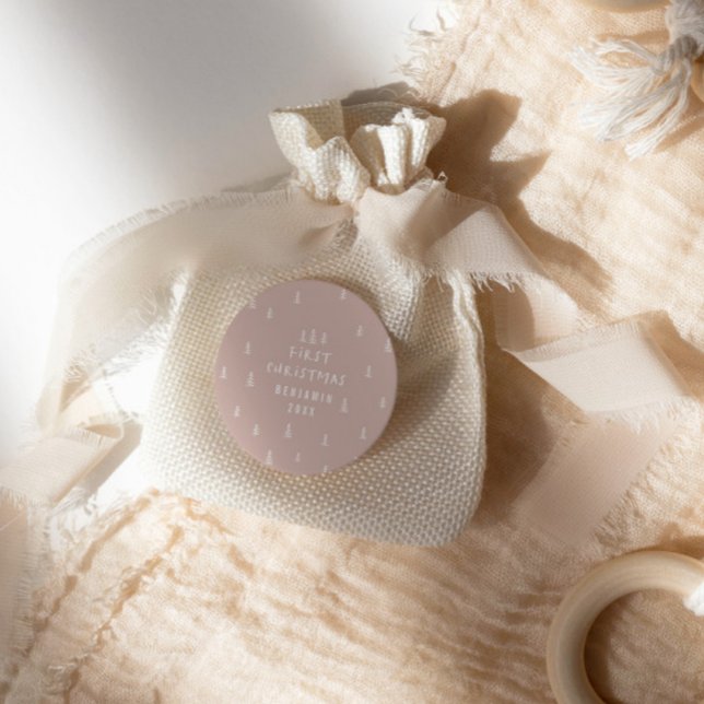 modern elegant baby first christmas baby classic round sticker (Creator Uploaded)