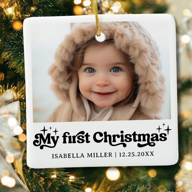 Modern Elegant Baby First Christmas Baby Photo Ceramic Ornament (My First Christmas Photo Ornament)
