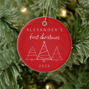 Modern Elegant Baby First Christmas Photo Red Ceramic Tree Decoration