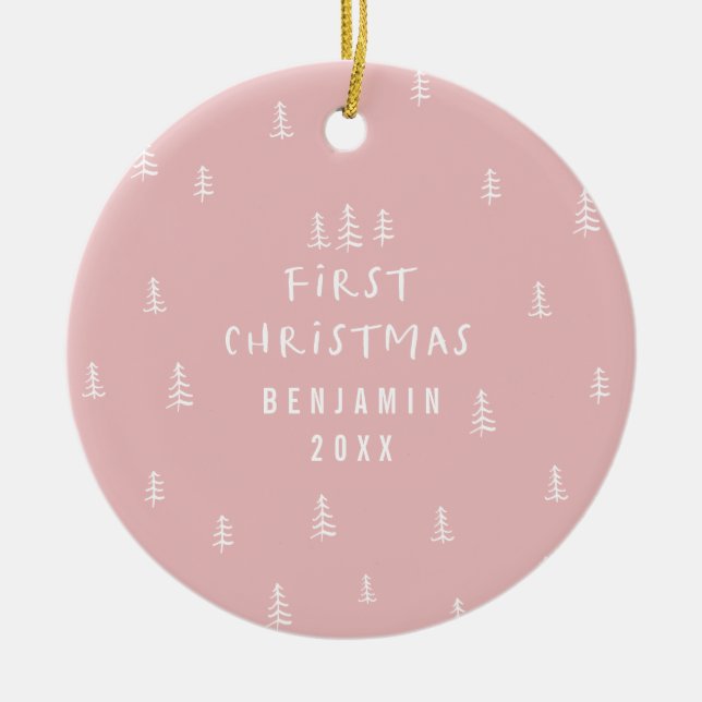 modern elegant baby first christmas pink ceramic tree decoration (Front)