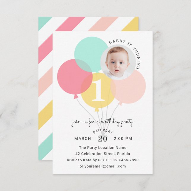 Modern Elegant Balloons First 1st Photo Birthday Invitation (Front/Back)