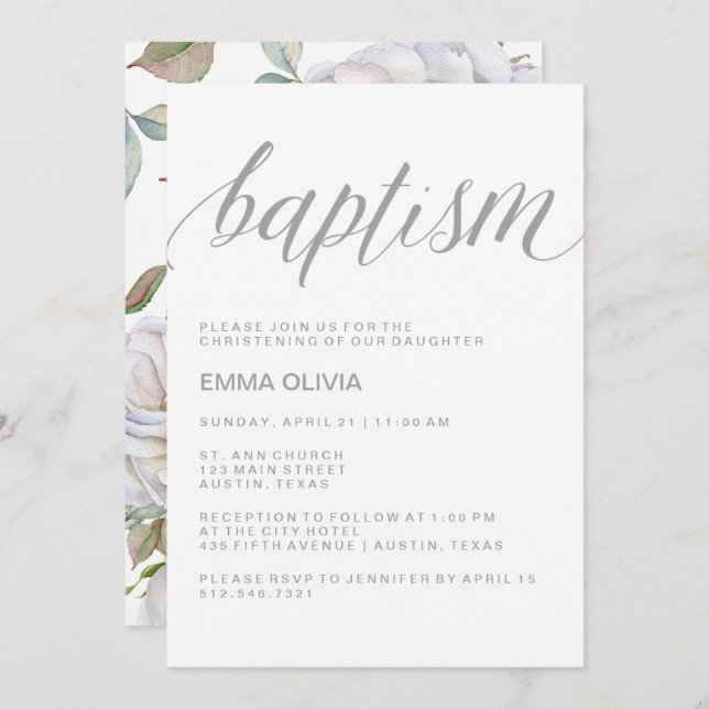 Modern Elegant Baptism | Delicate Floral Back Invitation (Front/Back)