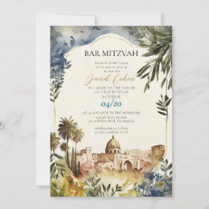 Modern Elegant Bar Mitzvah Blue Jewish Watercolor Invitation