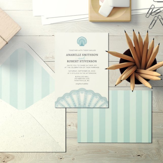 Modern Elegant Beach Blue Shell Wedding Invitation (Creator Uploaded)