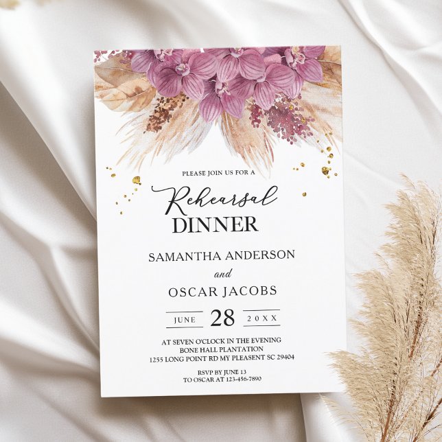 Modern Elegant Beauty Pink Orchid & Pampas & Gold  Invitation (Creator Uploaded)