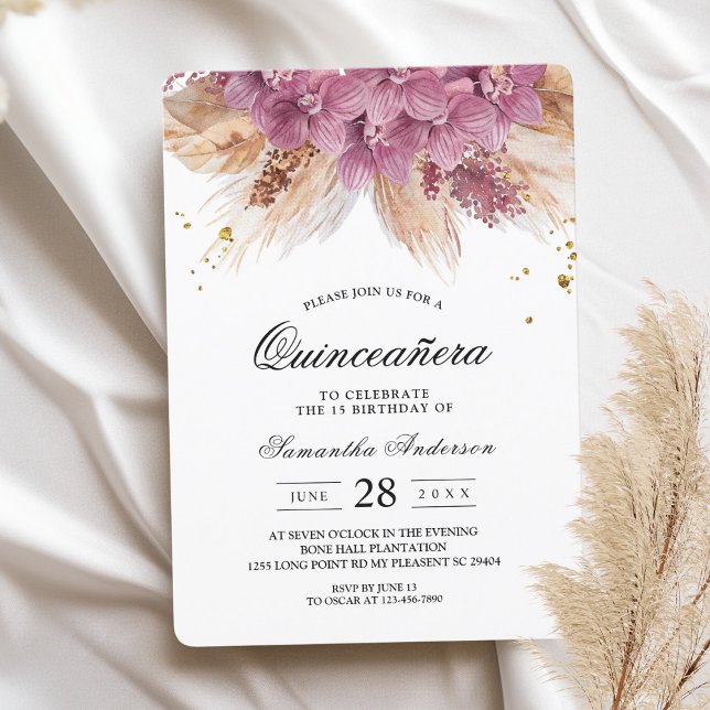 Modern Elegant Beauty Pink Orchid & Pampas & Gold  Invitation (Creator Uploaded)
