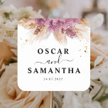 Modern Elegant Beauty Pink Orchid & Pampas & Gold  Square Sticker<br><div class="desc">Modern Elegant Beauty Pink Orchid & Pampas & Gold</div>