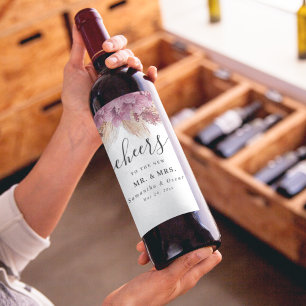 Modern Elegant Beauty Pink Orchid & Pampas & Gold  Wine Label