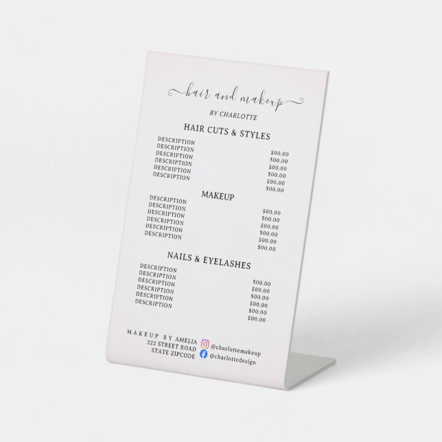 Modern Elegant Beauty Salon Price List Pedestal Sign (Front)