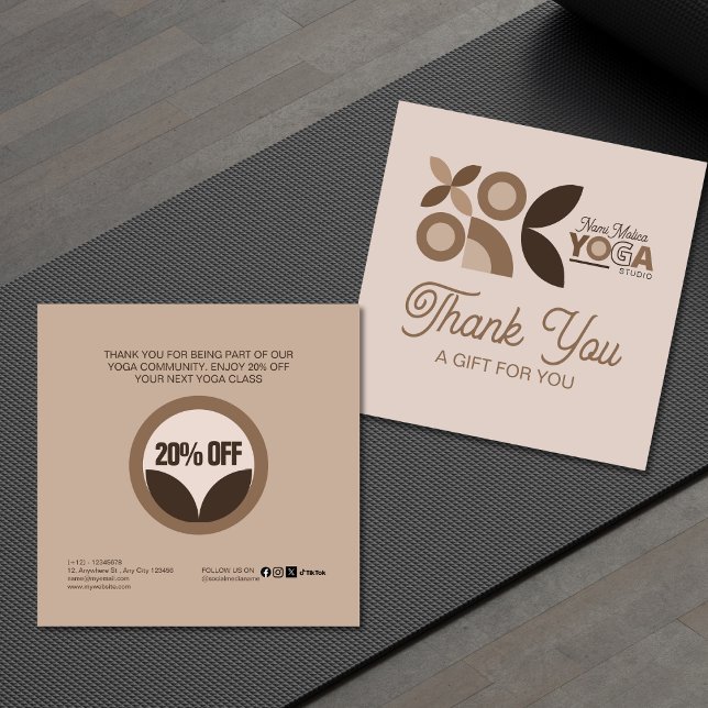 Modern Elegant Beige Brown Pattern Yoga Studio  Discount Card (Creator Uploaded)