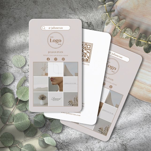 Modern Elegant Beige Instagram Photo Grid Business Card (Creator Uploaded)