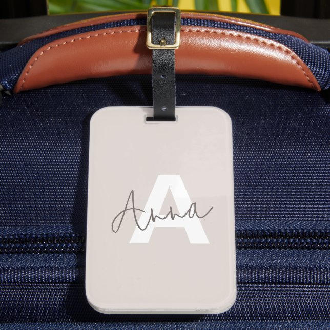 Modern Elegant Beige Monogram Custom Initial  Luggage Tag (Front Insitu 2)