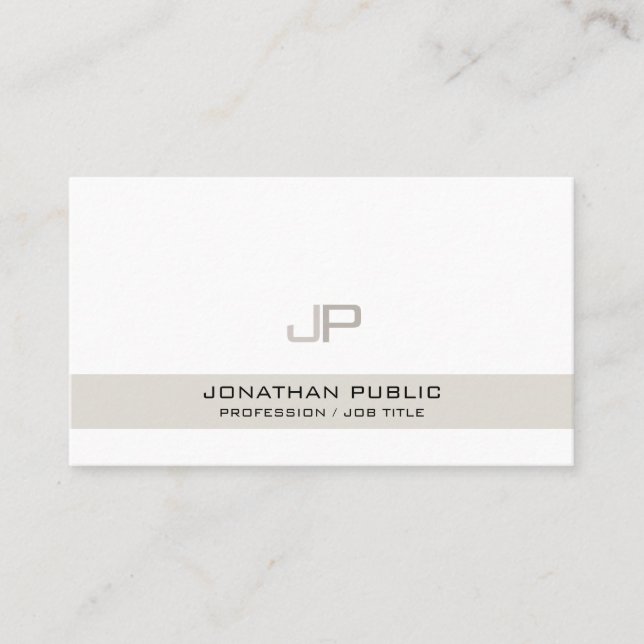 Modern Elegant Beige White Chic Monogram Business Card (Front)