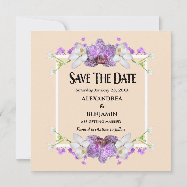 Modern Elegant Beige White Flowers Personalise    Save The Date (Front)