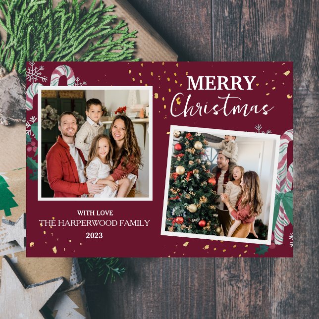 Modern Elegant Berries Christmas Family 2 Photo Holiday Card (Creator Uploaded)