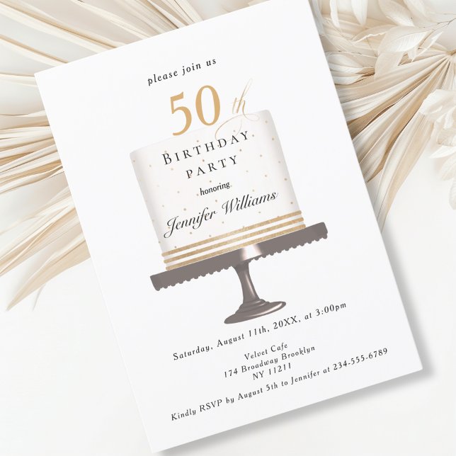 Modern elegant birthday invitation (Modern, elegant, birthday cake, white & gold invitation.)