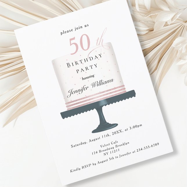 Modern, elegant birthday invitation (Modern, elegant, birthday cake white & rose-gold invitation.)