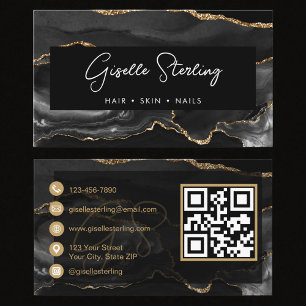 Modern Elegant Black Agate QR Code Business Card