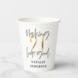 modern elegant black and gold 21st birthday party paper cups