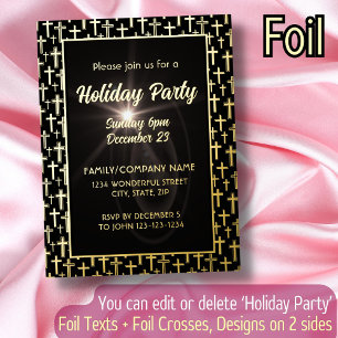 Modern Elegant Black and Gold Crosses Script Font Foil Invitation Postcard