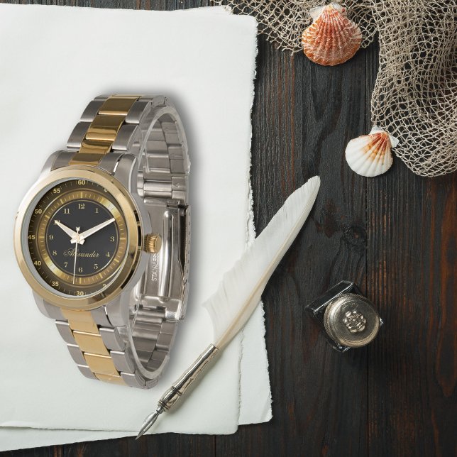 Modern Elegant Black and Gold Custom Name Two Tone Watch (Creator Uploaded)