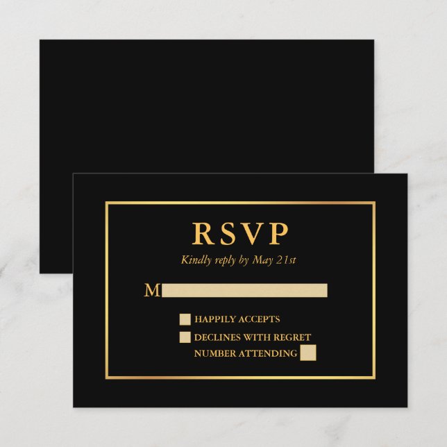 Modern Elegant Black and Gold Frame RSVP Card (Front/Back)