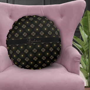 Modern Elegant Black And Gold Monogram Name Round Cushion