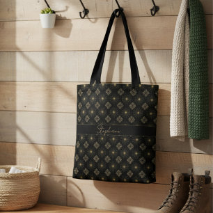 Modern Elegant Black And Gold Monogram Name Tote Bag