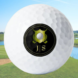 Modern Elegant Black and Gold Monogrammed Crest Golf Balls