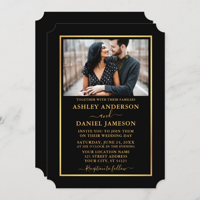 Modern Elegant Black and Gold Ticket Style Wedding Invitation (Front/Back)