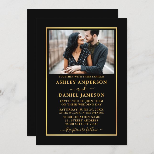Modern Elegant Black and Gold Wedding Invitation (Front/Back)