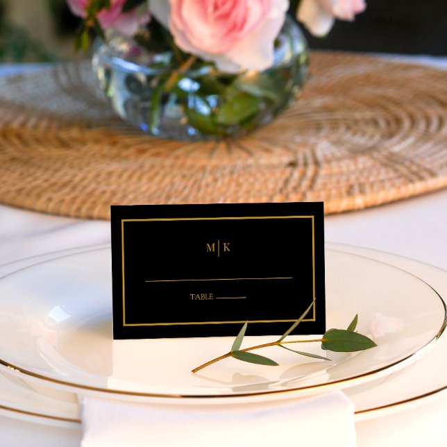 Modern Elegant | Black and Gold Wedding  Place Card (Black and Gold monogram table place card)