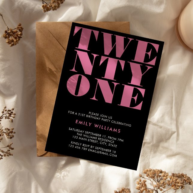 Modern Elegant Black and Pink Bold 21st Birthday Invitation (Creator Uploaded)