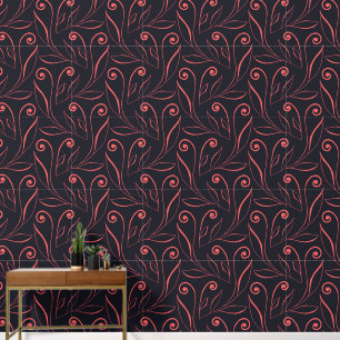   Modern & Elegant Black And Pink Foliage & Swirls Wallpaper