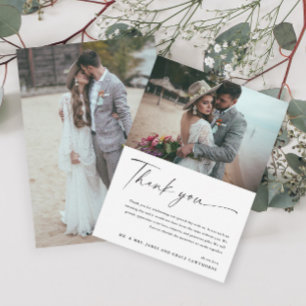 Modern Elegant Black and White 2 Photo Wedding Thank You Card