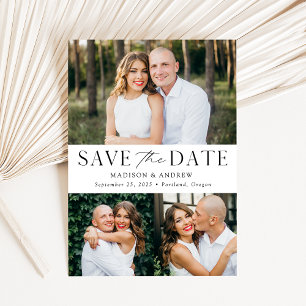 Modern Elegant Black and White 3 Photo Save The Date