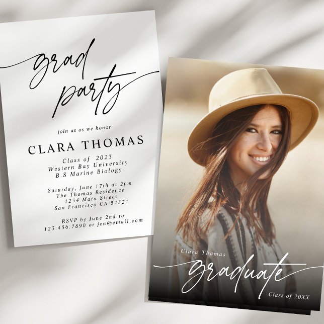 Modern Elegant Black and White Grad Party Photo Invitation (Creator Uploaded)