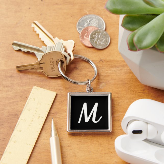 Modern Elegant Black and White Monogram Key Ring (Desk)