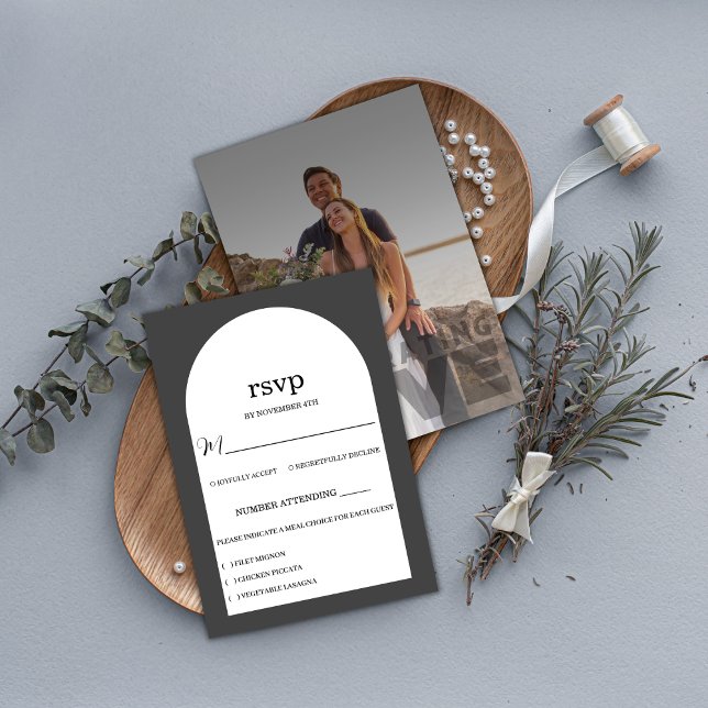 Modern Elegant Black And White Photo Wedding RSVP Card (Creator Uploaded)