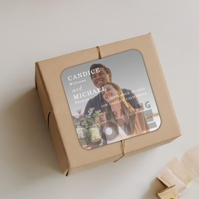 Modern Elegant Black And White Photo Wedding Square Sticker (Creator Uploaded)