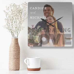 Modern Elegant Black And White Photo Wedding Square Wall Clock