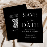 Modern Elegant Black and White QR Code Save The Date<br><div class="desc">Announce your upcoming nuptials in style with our elegant, modern QR code save the date card. The non-photo save the date features "Save the Date" in white serif and script fonts with a black background. Personalise the front of the save the date card by adding your names, wedding date, wedding...</div>