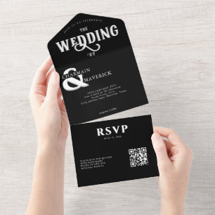 Modern Elegant Black and White QR Code Wedding All In One Invitation