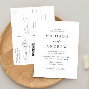 Modern Elegant Black and White QR Code Wedding Invitation Postcard