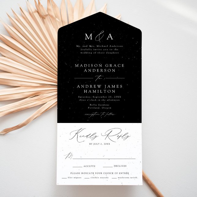 Modern Elegant Black and White Speckled Wedding All In One Invitation (Creator Uploaded)