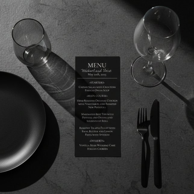 Modern Elegant Black and White Wedding Dinner Menu (Modern Black Formal Wedding Menu)
