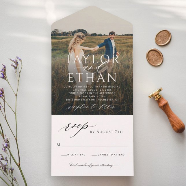 Modern Elegant Black and White Wedding Photo All In One Invitation (Creator Uploaded)