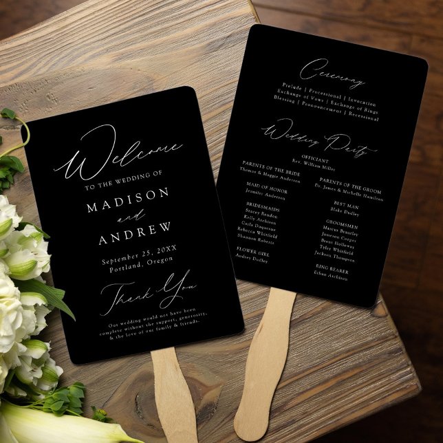 Modern Elegant Black and White Wedding Program Hand Fan (Creator Uploaded)