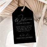 Modern Elegant Black and White Wedding Welcome Gift Tags<br><div class="desc">These elegant calligraphy wedding welcome gift tags are perfect for both casual and formal weddings. The design features a modern white calligraphy script with a black background or colour of your choice. Personalise the black and white wedding welcome gift tags with a short welcome message, your names, etc. The minimalist...</div>