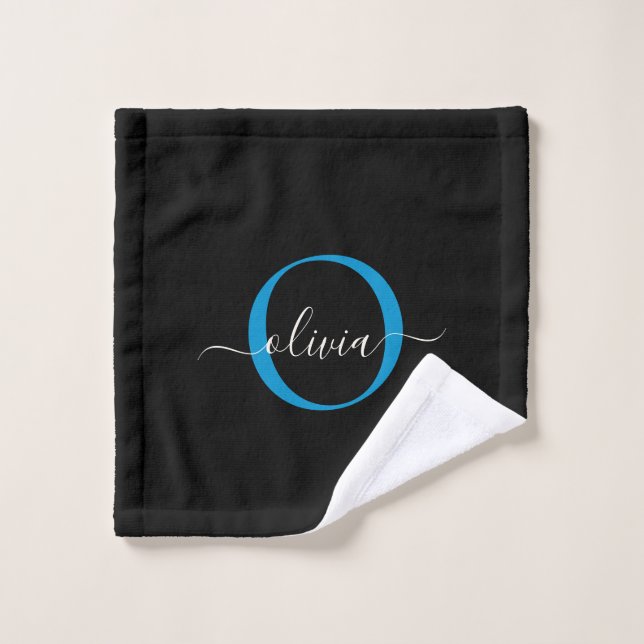 Modern Elegant Black Blue Monogram Script Name Bath Towel Set (Wash Cloth)